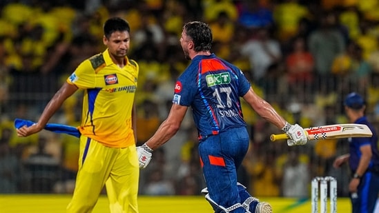 Lucknow Super Giants batter Marcus Stoinis celebrates after winning the Indian Premier League (IPL) T20 cricket match over Chennai Super Kings, at MA Chidambaram Stadium, in Chennai(PTI)