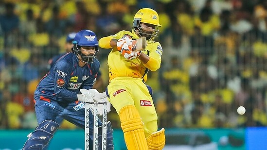 Ravindra Jadeja plays a shot during the Indian Premier League cricket match between Chennai Super Kings and Lucknow Super Giants in Chennai(AP)