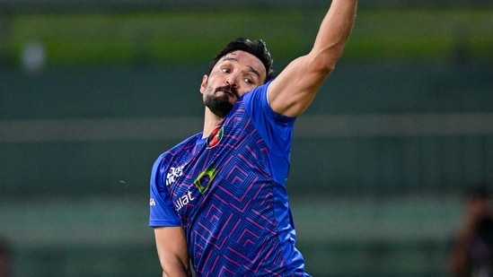 Gulbadin Naib bowls during a practice session (AFP)