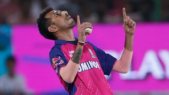 Rajasthan Royals' Yuzvendra Chahal celebrates the dismissal of Mumbai Indians' Mohammad Nabi during the Indian Premier League cricket match between Mumbai Indians and Rajasthan Royals(AP)