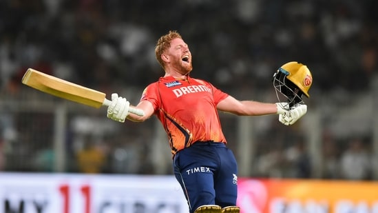 Jonny Bairstow celebrates after guiding Punjab Kings home against KKR(PTI)