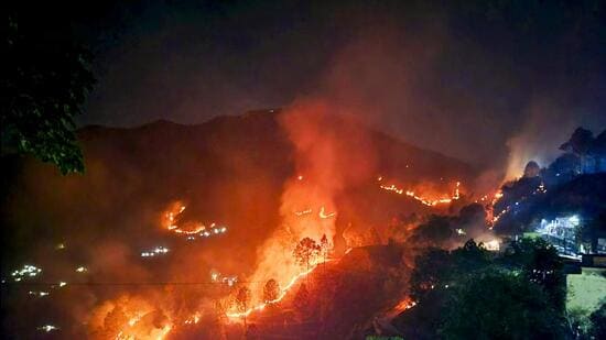 Flames rise during a forest fire near Saterakhal village in Rudraprayag district on Wednesday. (PTI)