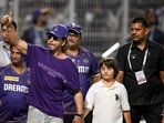 Shah Rukh and AbRam were seen having fun during the match at Eden Gardens. Shah Rukh pretended to grab his son's neck and Abram was seen getting annoyed for a moment during their playful time. He told Shah Rukh something with a raised finger and the actor nodded.(AFP)