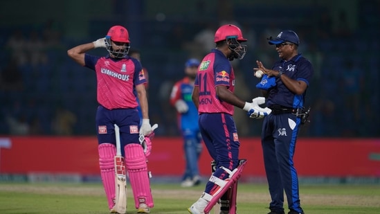 Sanju Samson talks to umpire after getting out during the Indian Premier League cricket match between Delhi Capitals and Rajasthan Royals(AP)