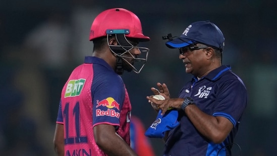 Sanju Samson talks to umpire after getting out during the Indian Premier League cricket match between Delhi Capitals and Rajasthan Royals(AP)