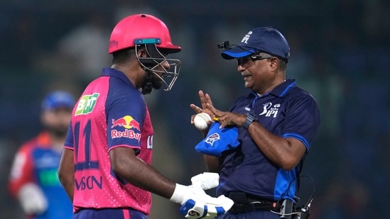 Rajasthan Royals' captain Sanju Samson talks to umpire after getting out during the Indian Premier League cricket match between Delhi Capitals and Rajasthan Royals in New Delhi(AP)