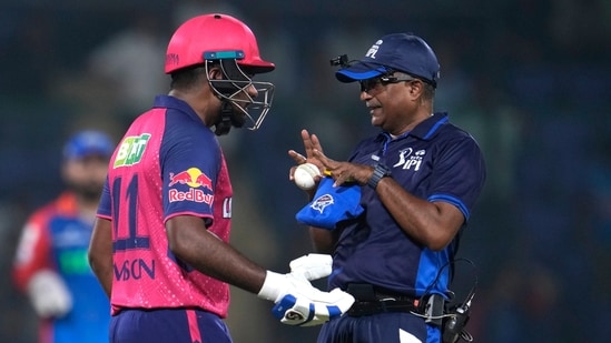 Rajasthan Royals' captain Sanju Samson talks to umpire after getting out(AP)