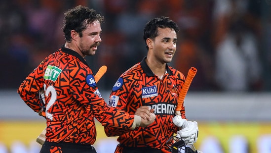 Sunrisers Hyderabad's Travis Head and Abhishek Sharma celebrate after winning vs LSG.(PTI)