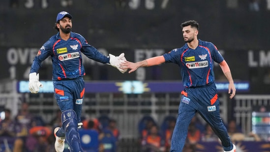 Lucknow Super Giants players KL Rahul and Naveen-ul-Haq during IPL 2024(PTI)