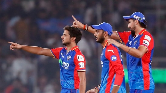 Delhi Capitals' bowlers Ishant Sharma, Axar Patel and Rasikh Salam appeal for a dismissal(IPL-X)