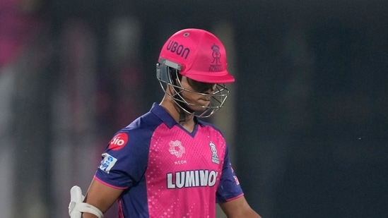 Rajasthan Royals' Yashasvi Jaiswal walks off the field after losing his wicket during the Indian Premier League cricket match against Punjab Kings.(AP)