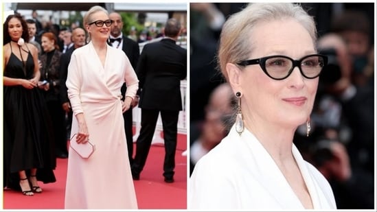 Adorned in a lustrous satin Dior wrap dress, Meryl Streep complemented her look with a pair of exquisite earrings designed by Indian artisan Hanut Singh.