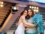 Aishwarya Rai Bachchan (R) poses with US actress, producer, director Eva Longoria as they arrive for the screening of the film Kinds Of Kindness at the 77th edition of the Cannes Film Festival in Cannes on Friday.(AFP)