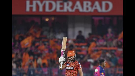 \Sunrisers Hyderabad player Nitish Kumar Reddy celebrates a half century during the IPL 2024 in Hyderabad. (PTI Photo)