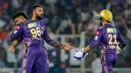 Kolkata Knight Riders player Varun Chakaravarthy with his teammates celebrates the wicket of Sunrisers Hyderabad's Heinrich Klaasen during the Indian Premier League.(PTI)