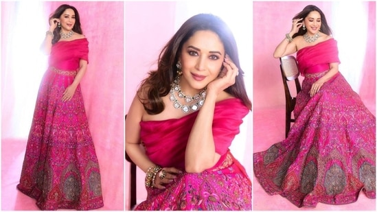 Madhuri Dixit is the queen of ethnic fashion, and if you don't believe us, head over to her Insta-diaries full of stunning traditional looks. Whether it's a sartorial saree or an ethereal anarkali, the diva can pull off any look to perfection. She is definitely one of those actresses who seem to age in reverse. Madhuri is currently judging the reality show Dance Dewaane and her stunning looks from the show are doing rounds on social media. Just a few days ago, she stunned in an embellished purple ensemble and this time she proves her fashion savvy in a mesmerising pink lehenga attire.(Instagram/@madhuridixitnene)