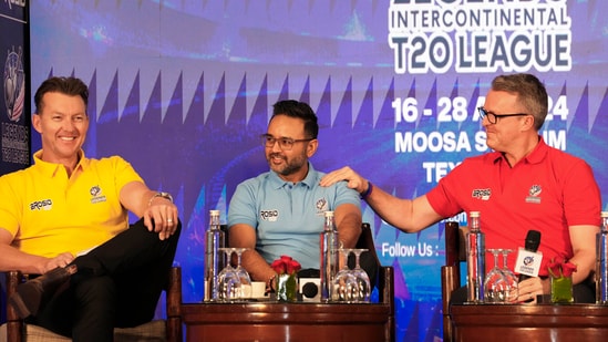 Former cricketers Brett Lee, Parthiv Patel and Graeme Swann during the launch of the Legends Intercontinental T20 Cricket League(PTI)