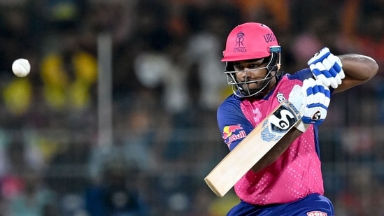 Rajasthan Royals' captain Sanju Samson plays a shot during the Indian Premier League (IPL) Twenty20 second qualifier cricket match between Sunrisers Hyderabad and Rajasthan Royals at the MA Chidambaram Stadium(AFP)