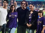 Shah Rukh Khan and Gauri Khan posed for pictures with Aryan Khan, Suhana Khan and AbRam Khan at the MA Chidambaram Stadium in Chennai. For the match, Shah Rukh wore a black T-shirt and pants and Aryan was seen in a white T-shirt and denims. Gauri, Suhana and AbRam twinned in KKR jerseys.