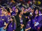 Actor and Kolkata Knight Riders (KKR) co-owner Shah Rukh Khan's family – wife Gauri Khan, daughter Suhana Khan and son AbRam Khan – chat with KKR co-owner and actor Juhi Chawla, and her daughter Jhanvi Mehta, during the presentation ceremony after the Indian Premier League (IPL) 2024 final match between KKR and Sunrisers Hyderabad at MA Chidambaram Stadium in Chennai.