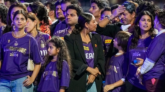 Actor and Kolkata Knight Riders (KKR) co-owner Shah Rukh Khan's family – wife Gauri Khan, daughter Suhana Khan and son AbRam Khan – chat with KKR co-owner and actor Juhi Chawla, and her daughter Jhanvi Mehta, during the presentation ceremony after the Indian Premier League (IPL) 2024 final match between KKR and Sunrisers Hyderabad at MA Chidambaram Stadium in Chennai.