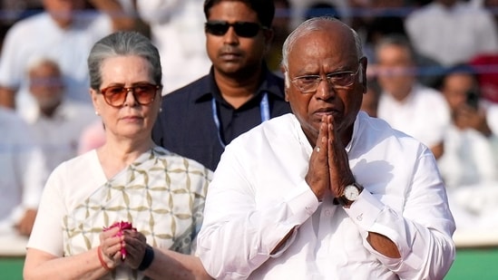 Congress National President Mallikarjun Kharge, party's Parliamentary Chairperson Sonia Gandhi along with Rajya Sabha MP Ajay Maken paid their tributes to India's first prime minister Jawaharlal Nehru on his death anniversary, at Shanti Van in New Delhi(PTI)