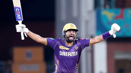 Kolkata Knight Riders' captain Shreyas Iyer celebrates the team's victory against Sunrisers Hyderabad in the Indian Premier League 2024 final(IPL-X)