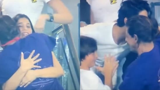 Shah Rukh Khan with Suhana Khan, Aryan Khan and AbRam Khan after KKR win.