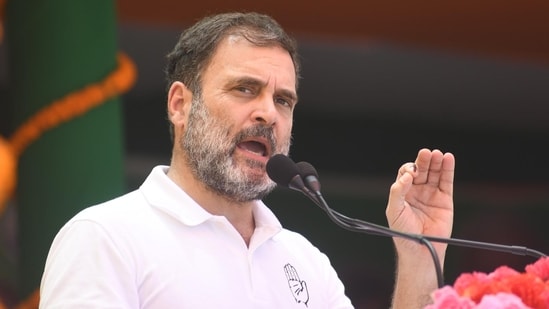 Congress leader Rahul Gandhi addressing a public meeting in Patna on Monday. (Hindustan Times)