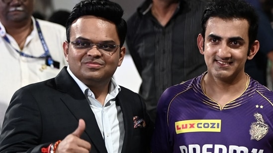 Jay Shah (L), secretary of the Board of Control for Cricket in India (BCCI) poses next to Kolkata Knight Riders' team mentor Gautam Gambhir (AFP)