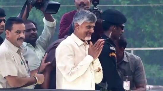 TDP chief Chandrababu Naidu arrives at party headquarters as his party leads during counting of votes for the Andhra Pradesh Assembly election at Mangalgiri, in Guntur district, Tuesday, June 4, 2024.