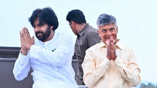 Jana Sena party President and actor Pawan Kalyan with Telugu Desam Party (TDP) president N Chandrababu Naidu,(PTI)