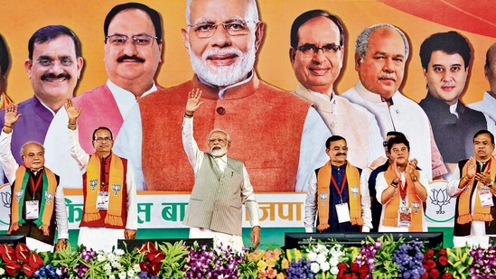 MP election result 2024 LIVE: PM Modi, accompanied by Union ministers Jyotiraditya Scindia, Narendra Singh Tomar, former MP chief minister Shivraj Singh Chouhan. (PTI)