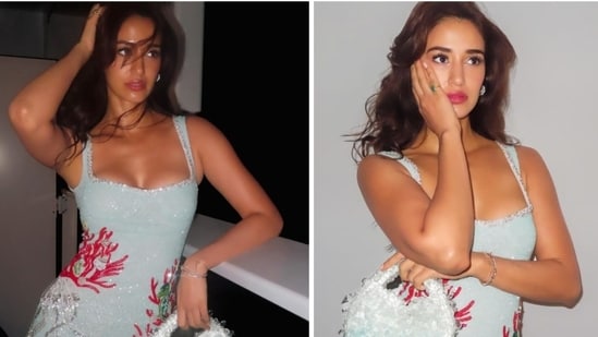 Disha Patani has posted new pictures from Anant Ambani-Radhika Merchant's pre-wedding cruise party. The actor posed in a sea-blue mini dressed paired with matching purse.