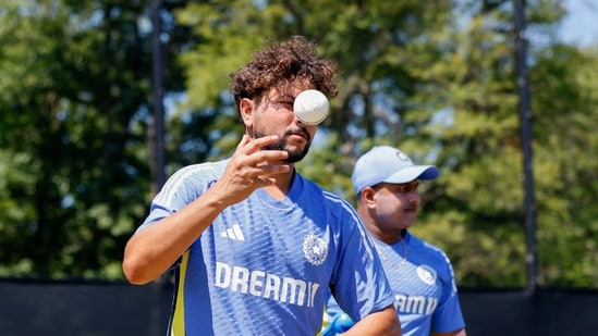 Kuldeep Yadav during a practice session ahead of India's ICC T20 World Cup opener against Ireland, in New York on Tuesday(Surjeet Yadav)