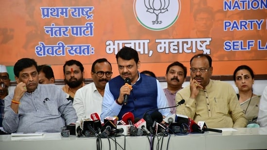 Maharashtra Deputy CM Devendra Fadnavis along with other BJP leaders addresses a press conference at the party office in Mumbai on 5 June, 2024. (Photo by Bhushan Koyande)