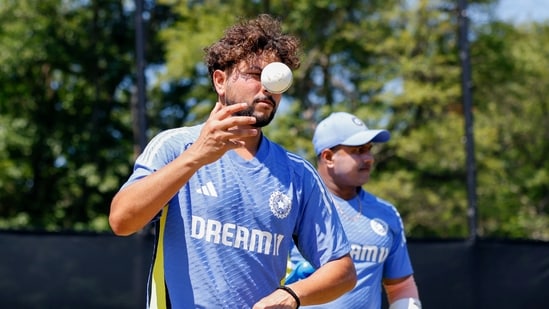 Kuldeep Yadav during a practice session ahead of India's ICC T20 World Cup opener against Ireland, in New York on Tuesday.(ANI)