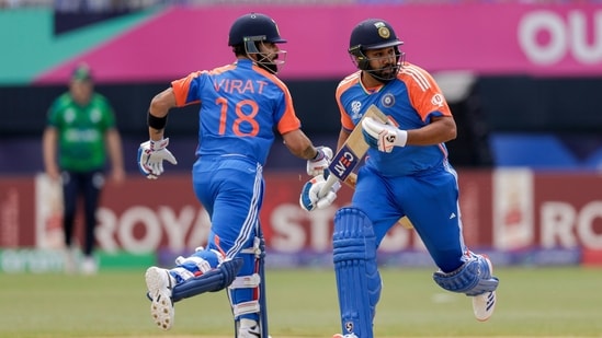 India's captain Rohit Sharma, right, and partner Virat Kohli run between wickets(PTI)