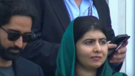 India vs Pak T20 World Cup: Malala Yousafzai and Asser Malik at the match. (X/@_FaridKhan)