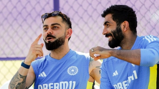 Virat Kohli and Jasprit Bumrah during a practice session.(ANI)