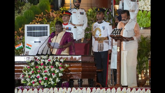 President Droupadi Murmu administers oath to BJP MP Suresh Gopi as minister, at the swearing-in ceremony of the new Union government at Rashtrapati Bhavan, in New Delhi. (PTI)