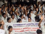 Members of Trinamool Chhatra Parishad (TMCP) staged a protest against the alleged irregularities in the NEET-UG examination results, in Kolkata on Tuesday. (Saikat Paul)