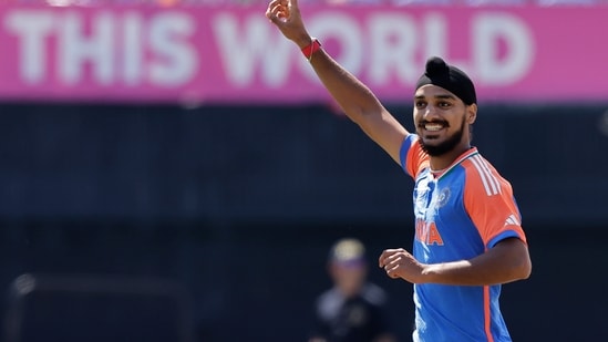 India's Arshdeep Singh celebrates the dismissal of United States' Shayan Jahangir during the ICC Men's T20 World Cup (PTI)