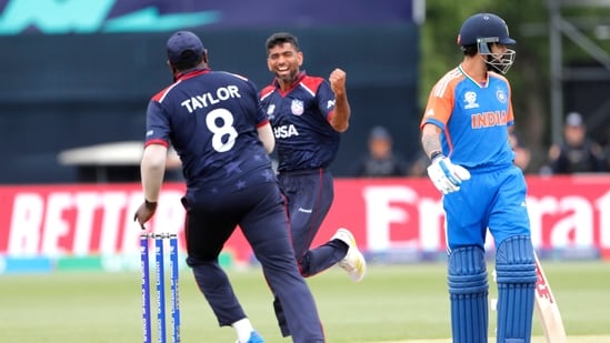 USA's Saurabh Netravalkar celebrates the dismissal of India's Virat Kohli(Surjeet Yadav)