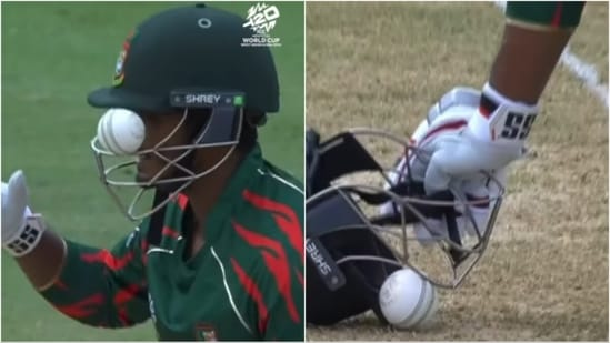 Ball gets stuck in Tanzid Hasan's helmet(ICC/Instagram)