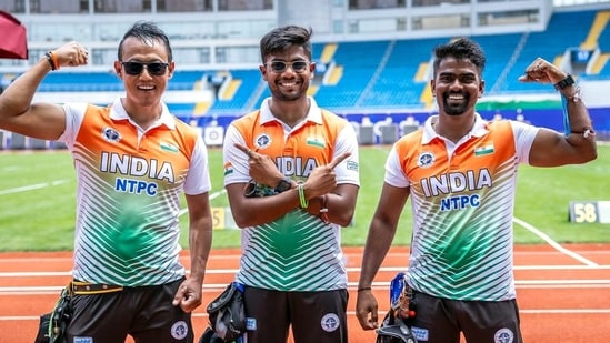 The Indian Men's Recurve team of Tarundeep Rai, Dhiraj Bommadevara and Pravin Jadhav(Sai media x)