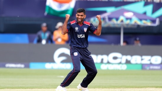 New York, Jun 12 (ANI): USA's Saurabh Netravalkar celebrates the dismissal of India's captain Rohit Sharma during their Group A match in the ICC T20 World Cup 2024, at Nassau County International Cricket Stadium in New York on Wednesday. (Surjeet Yadav)