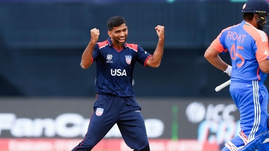 USA's Saurabh Netravalkar celebrates the dismissal of India's captain Rohit Sharma (ICC - X )