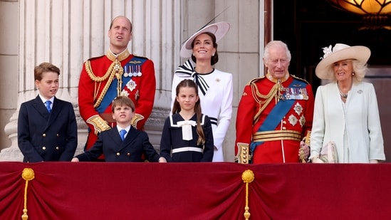 Britain's King Charles, Queen Camilla, William, Prince of Wales, Catherine, Princess of Wales, Prince George, Princess Charlotte, Prince Louis appear on the balcony of Buckingham Palace as part of the Trooping the Colour parade to honour Britain's King Charles on his official birthday in London, Britain, June 15, 2024. (REUTERS)