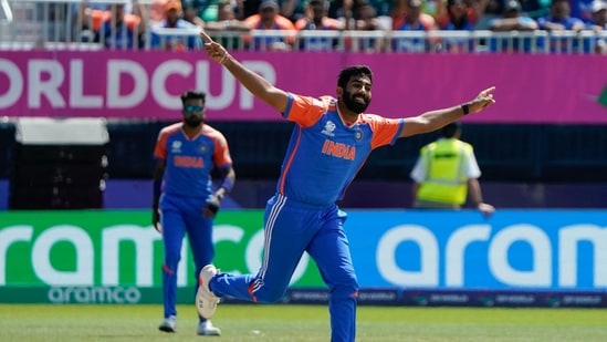 India's Jasprit Bumrah celebrates after taking a wicket during the ICC men's Twenty20 World Cup 2024 group A cricket match between India and Pakistan at Nassau County International Cricket Stadium in East Meadow, New York(AFP)